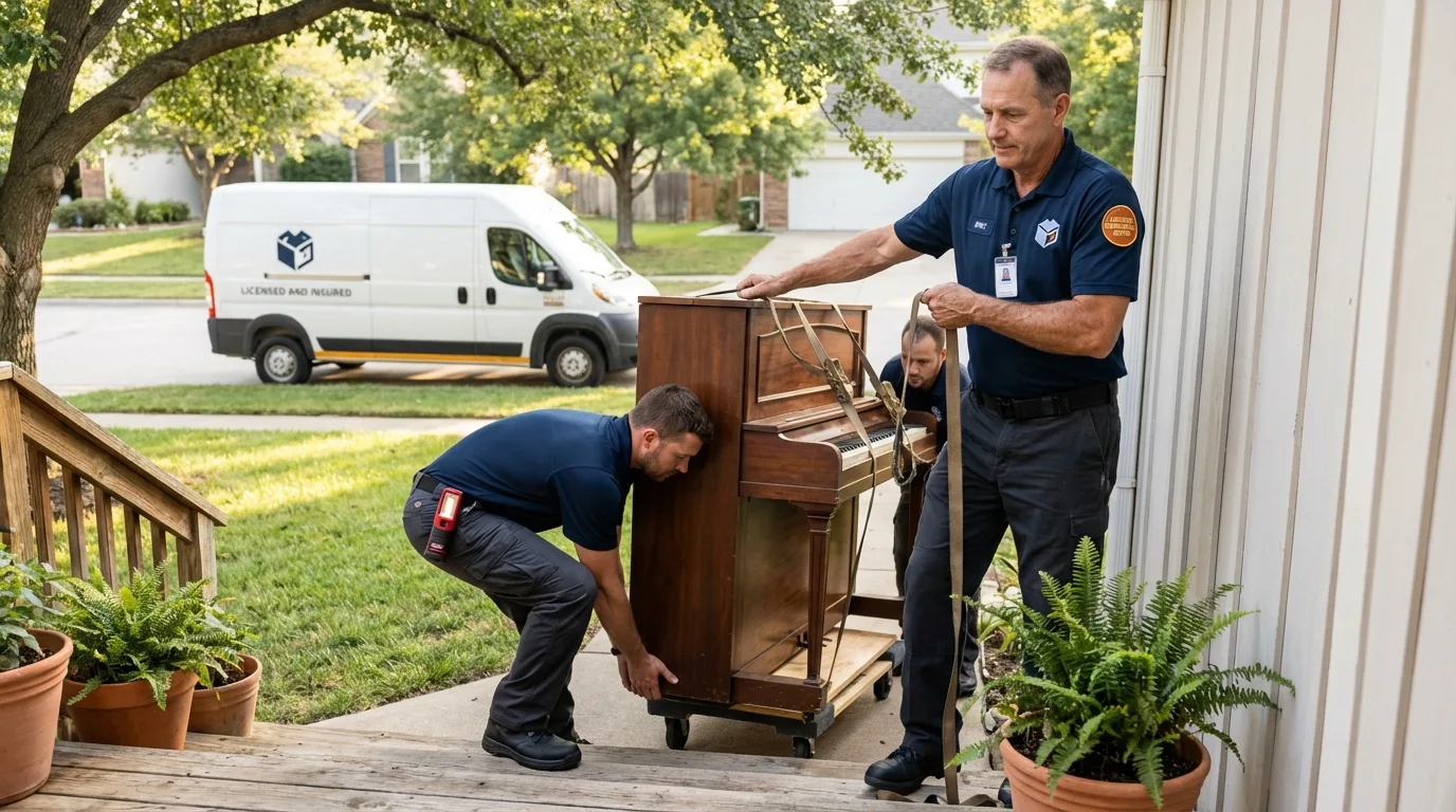 Licensed piano movers securing grand piano in Wyoming, PA