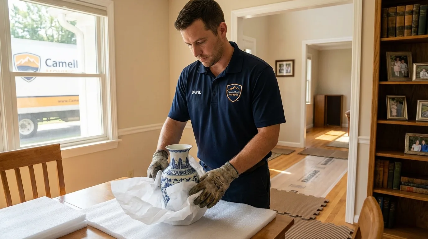 Professional crew carefully wrapping antique vase for senior downsizing move in Wyoming, PA